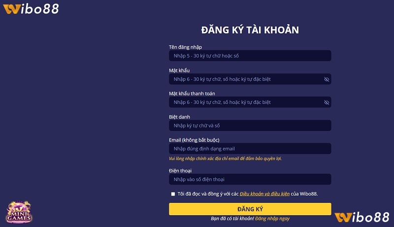 Tạo tài khoản trên website Wibo88 cực kì đơn giản và nhanh chóng